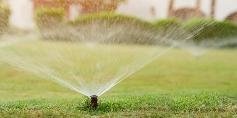 Sprinkler system in use watering lawn - Seasonal Irrigation Adjustments Your System Needs