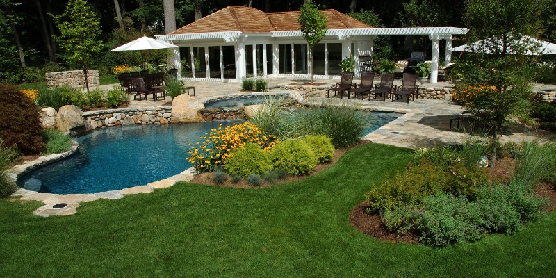 Pool in a well maintained backyard 