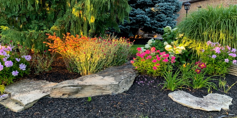 garden bed with rocks and mulch