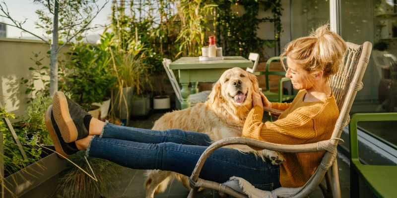 Dog sitting on women's lap - 5 Landscaping Ideas for Your Condo Balcony in Toronto 