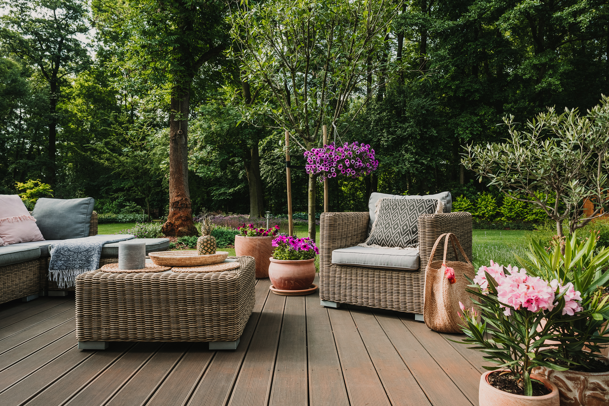 elegant garden furniture on terrace of suburban home